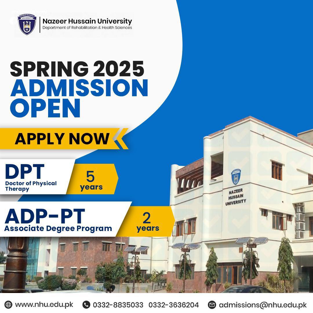 NHU Spring 2025 admission open post showing campus building with DPT and ADP-PT programs